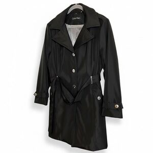 Calvin Klein Black Hooded Raincoat Trench Jacket Women's 1X Belted